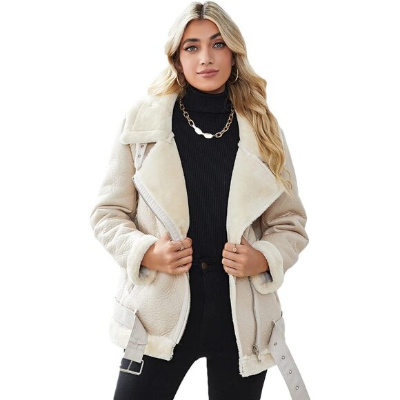 Women Shearing Beige Faux Shearling Moto Jacket Thick Lined Winter Leather Coat - Picture 2 of 5